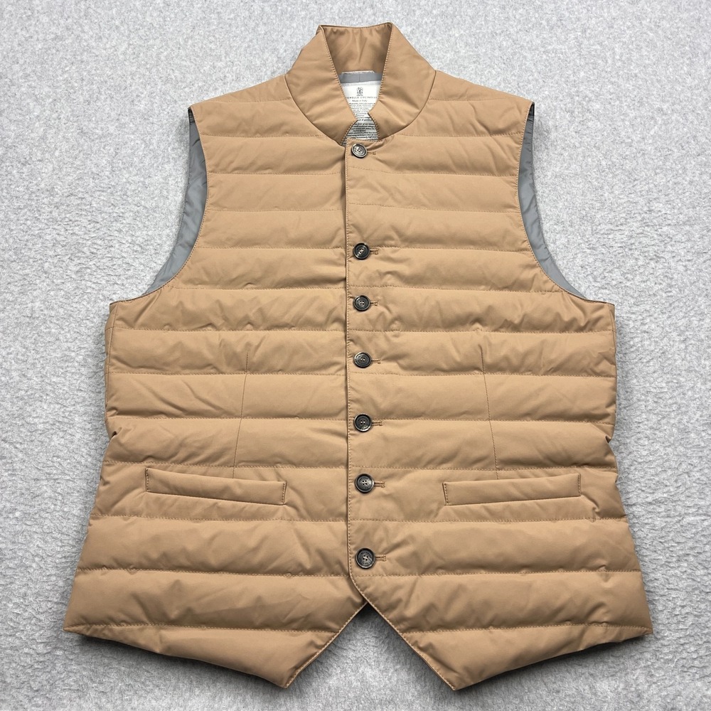 Brunello Cucinelli Vest Mens Small Beige Button Up Goose Down Puffer Gilet Italy